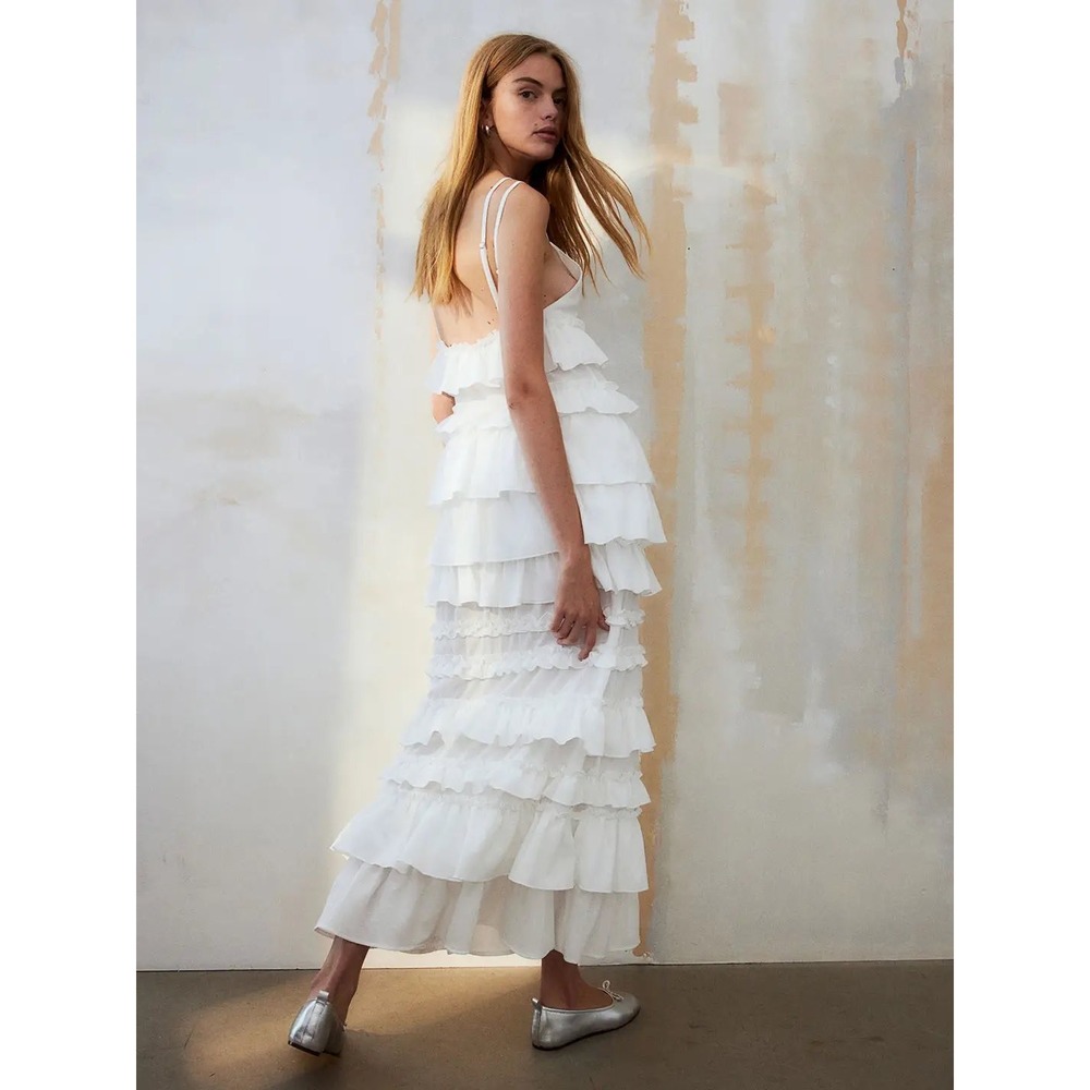NWT H&M Divided White Tiered Ruffle Maxi Dress Strappy V-Neck XL New - Picture 2 of 4